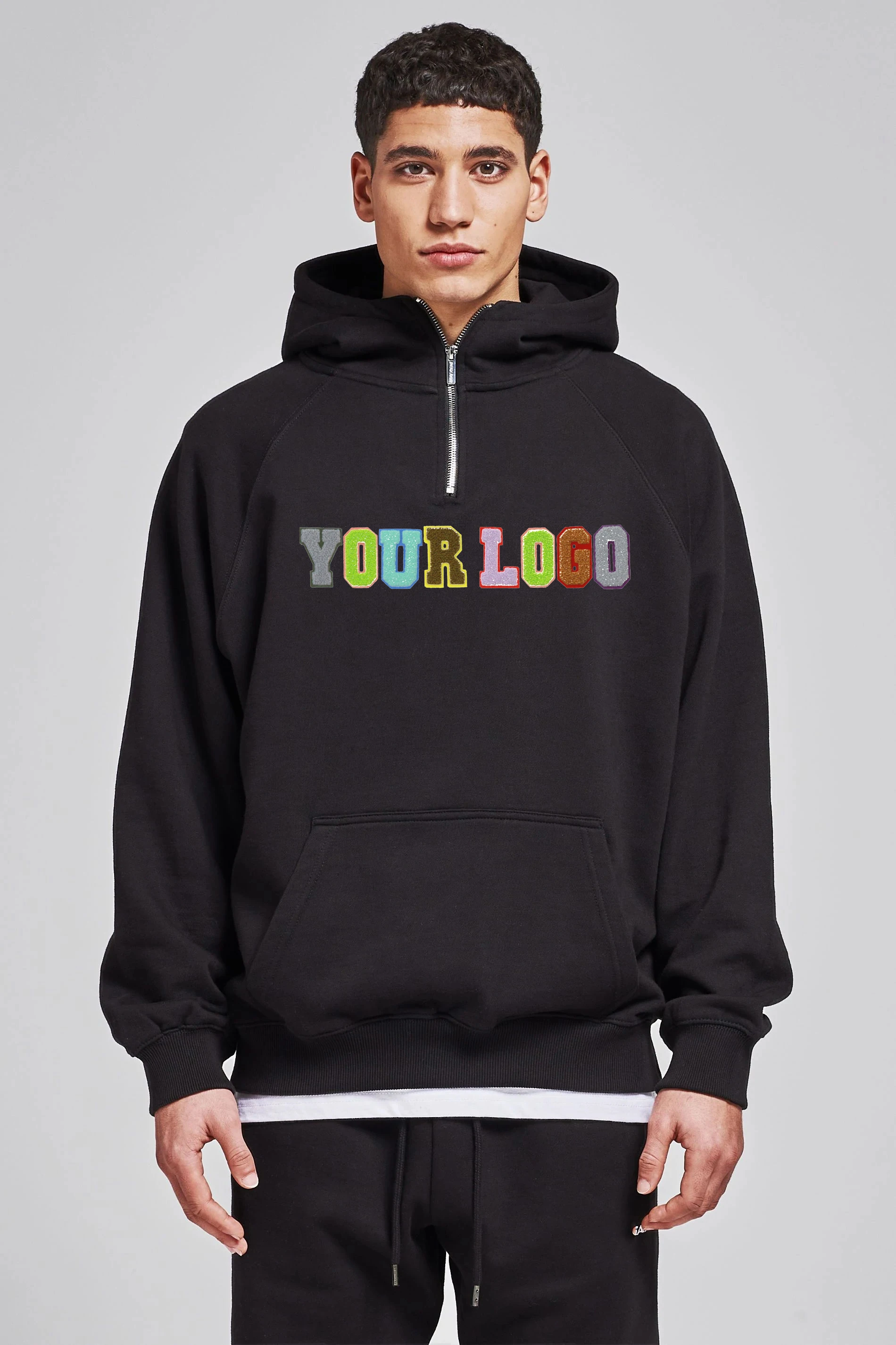 Popular Streetwear Fleece Heavy Hoodie Custom Logo No String Unisex Chenille Patch Quarter Zip Jumper