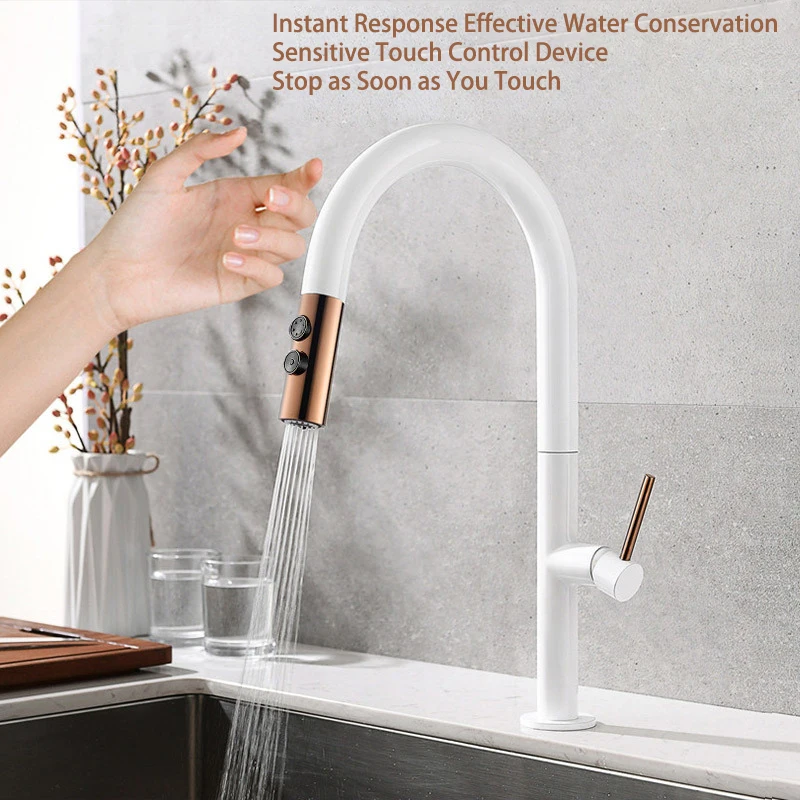 CBM Finish Smart Touch Sensor Pull Out Kitchen Sink Faucet Taps Brass Ceramic Brushed Modern Contemporary White and Rose Color