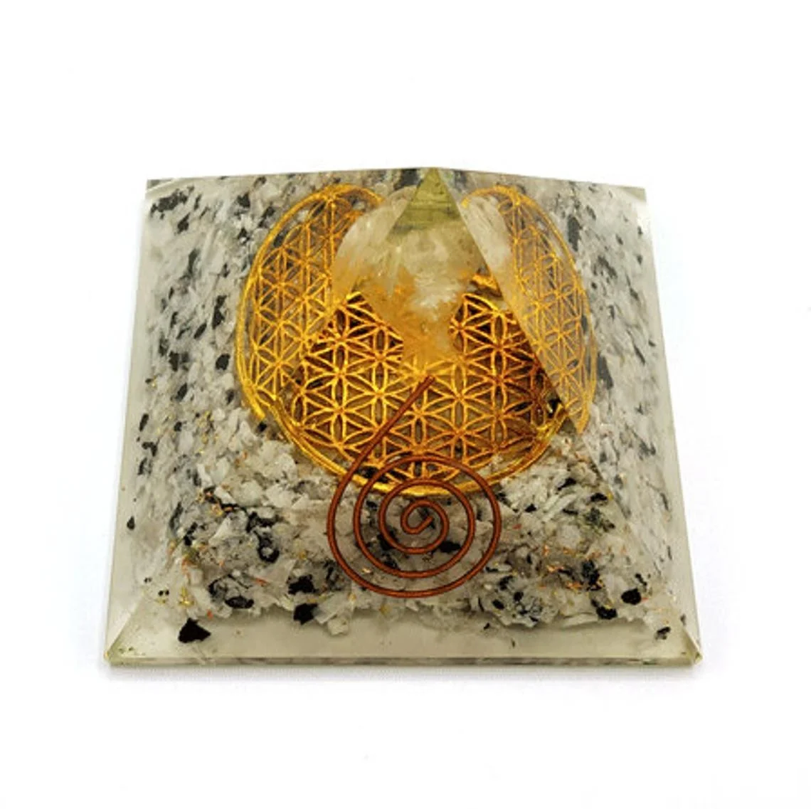 Orgone pyramid with rainbow moonstone and clear quartz angel natura mineral gemstones healing crystal energy pyramid