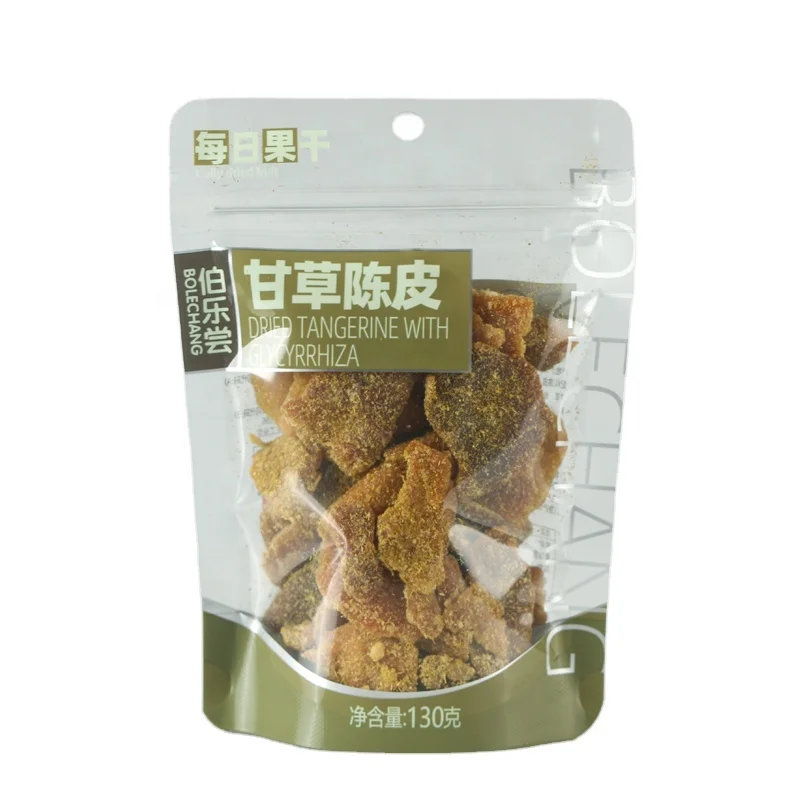 wholesale 80g Three-sided sealed plastic food zipper bag self-sealing plastic orange peel Licorice flavor Orange peel snack