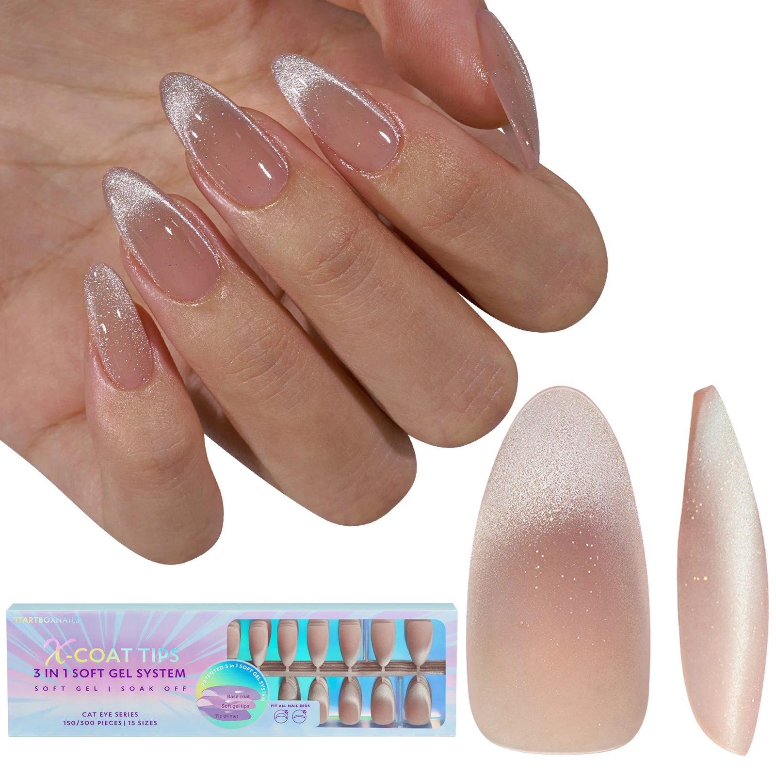 BTArtbox 150pcs Luxury Cat Eye Matte Gel X-Coat Tips Medium Almond Nail Tips Fade Press On Fake Nails Supplies