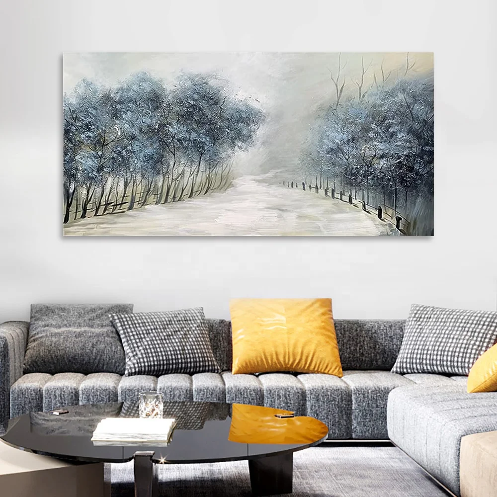 Winter snow landscape hand-painted wall art Blue tree oil painting rural natural art works living room bedroom home decoration