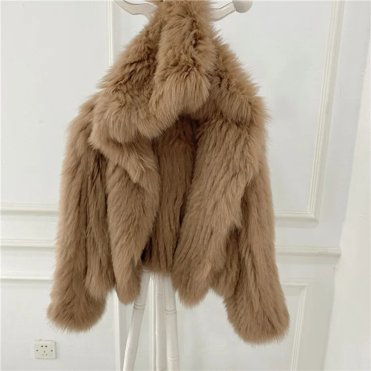 Double-sided weave women loose bat sleeve hooded faux jacket fox fur coats