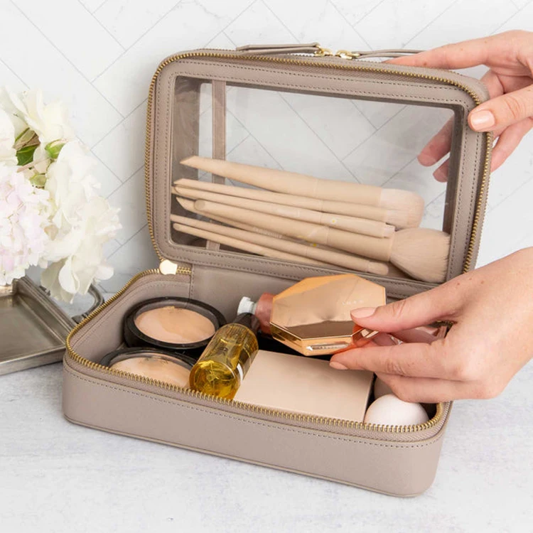 Two layers zip-around TPU travel box PU saffiano leather clear brushes makeup case cosmetic travel case