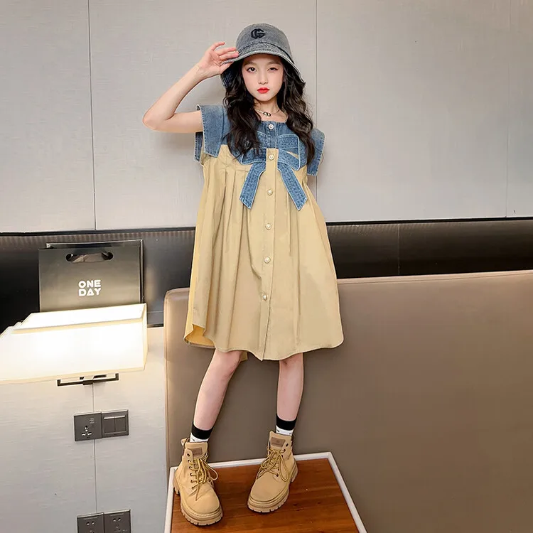 2023 New Fashion Hot Girl Denim Patchwork Sleeveless Shirt Dress White Khaki 5-15 Years