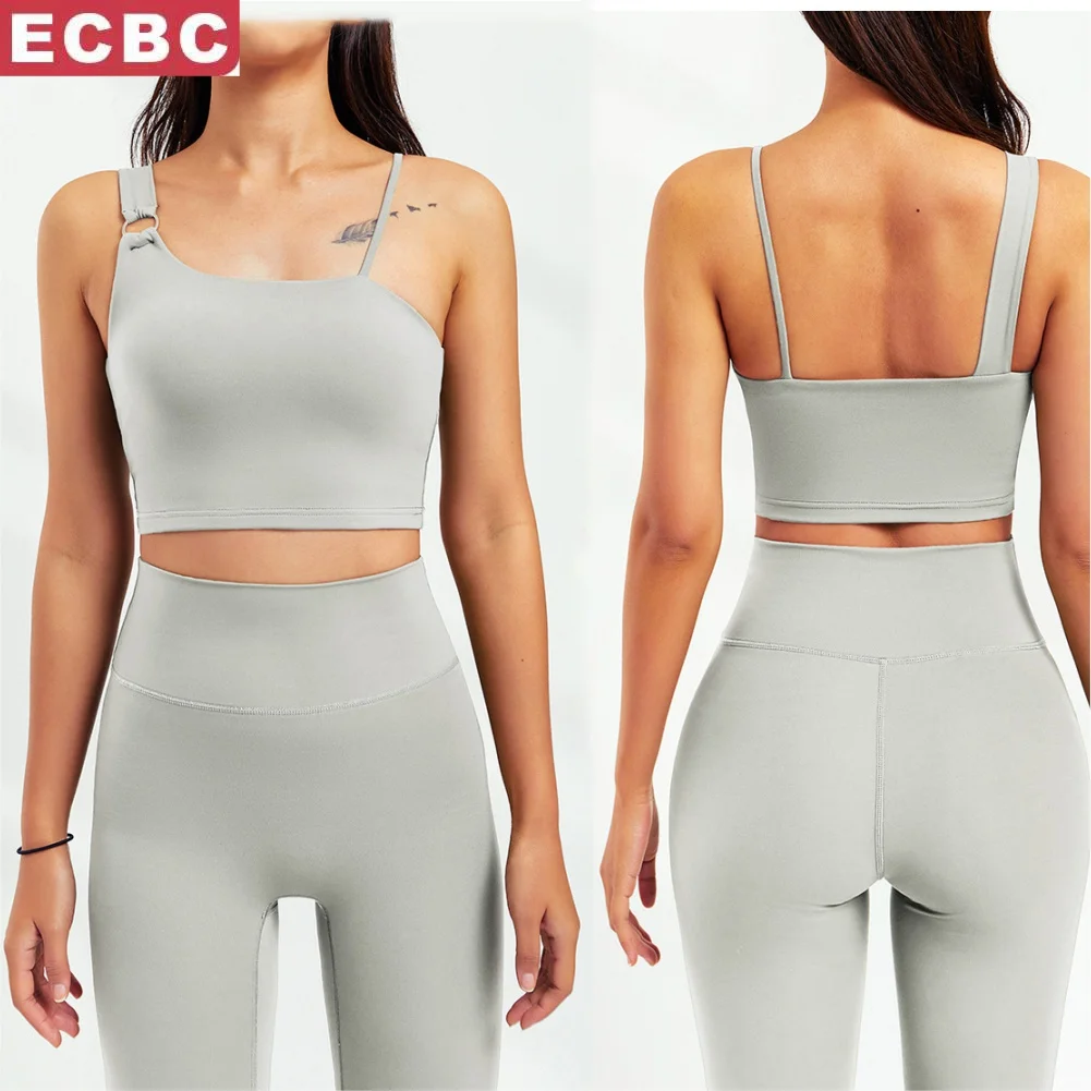 Recycled Nylon Stretch Irregular Shoulder Strap Beautiful Back Yoga Wear Bra Sexy Sports Underwear Nude Fitness Clothes