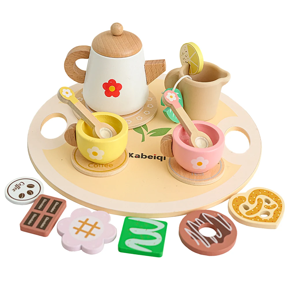 Wooden Tea Set for Little Girls Pretend Play Toy Kitchen Accessories Set for Kids Montessori Tea Time Party Food Toys