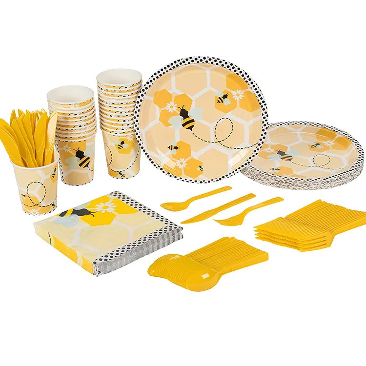 Hot sale children cartoon bee pattern birthday party tableware set