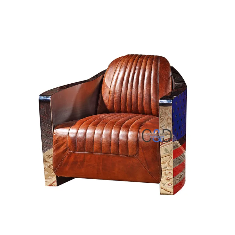 
American style classic home furniture vintage living room genuine leather upholstered club armchair 