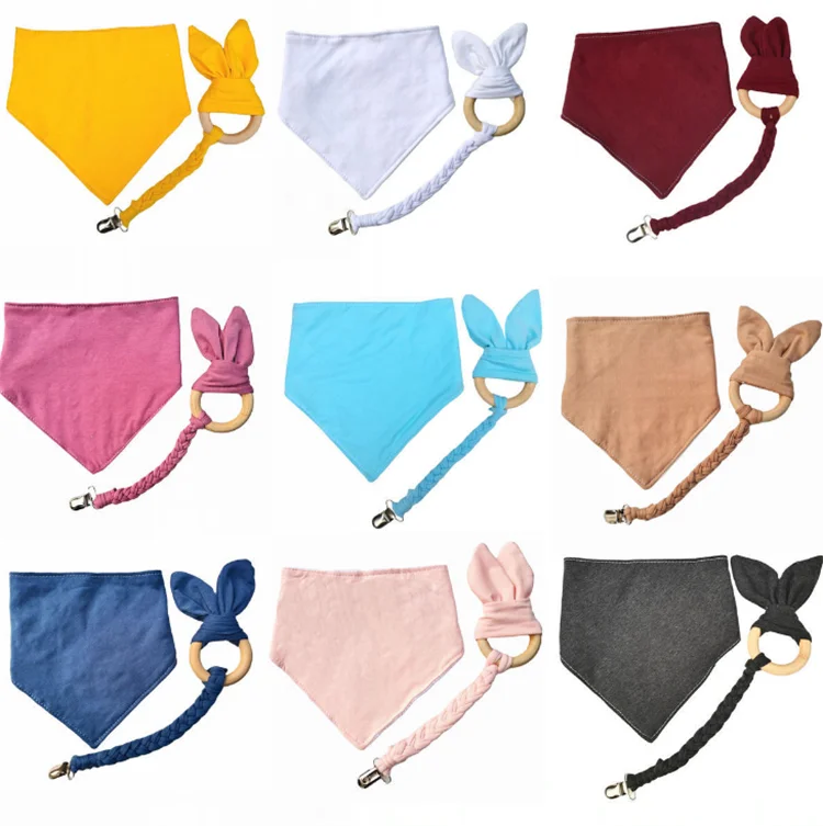 
3pcs/set Organic Wood Bunny Ear Teething Rings and Cotton Bib Chewable Baby Toy Baby Teething Toy With Bib And Pacifier 