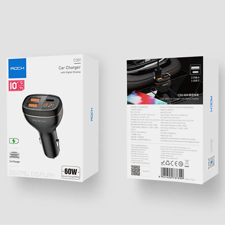 ROCK C301 LED 60 Вт USB адаптер питания PC огнестойкий материал QC3.0 PD3.0 Электрический мобильный телефон Тип C автомобильные зарядные устройства