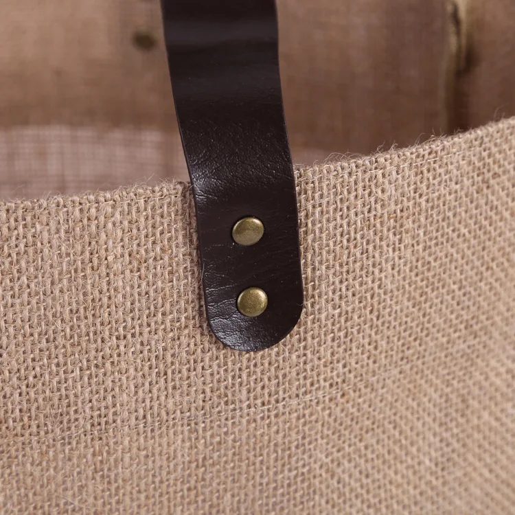 Custom Printed LOGO Eco Reusable Large Shopping Tote High Quality Burlap Jute Bag With Leather Handles