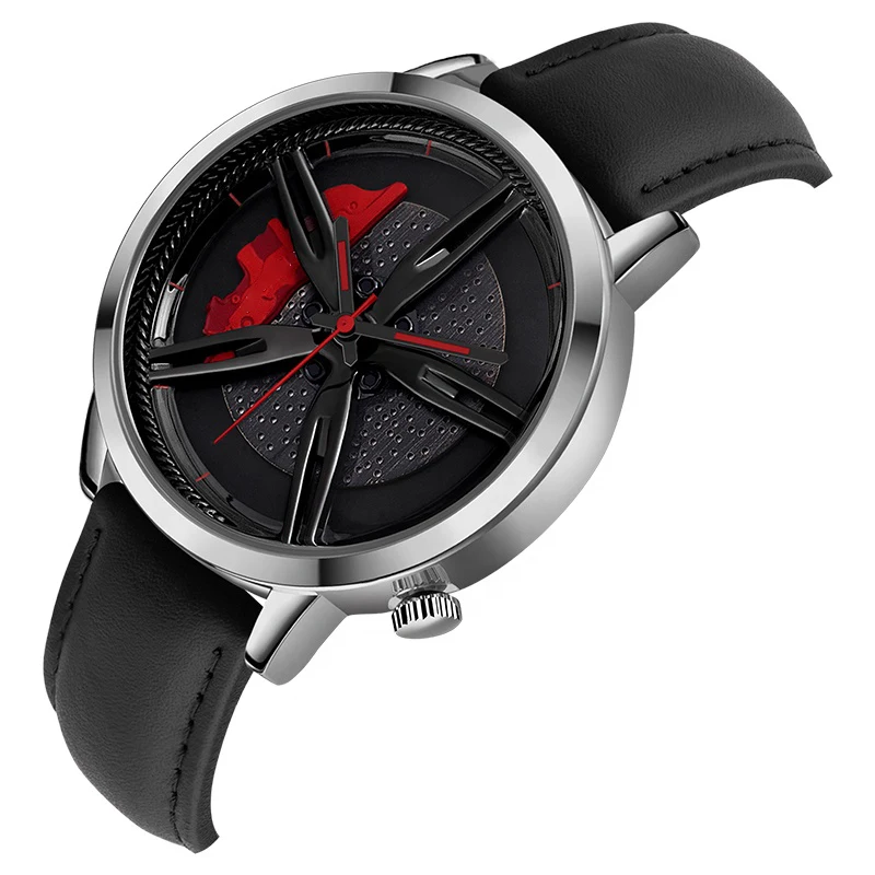 In Stock Spinning Real 3d Car Watch With Leather Strap Black Sport Rotate Flying Car Rim Wheeling Watch