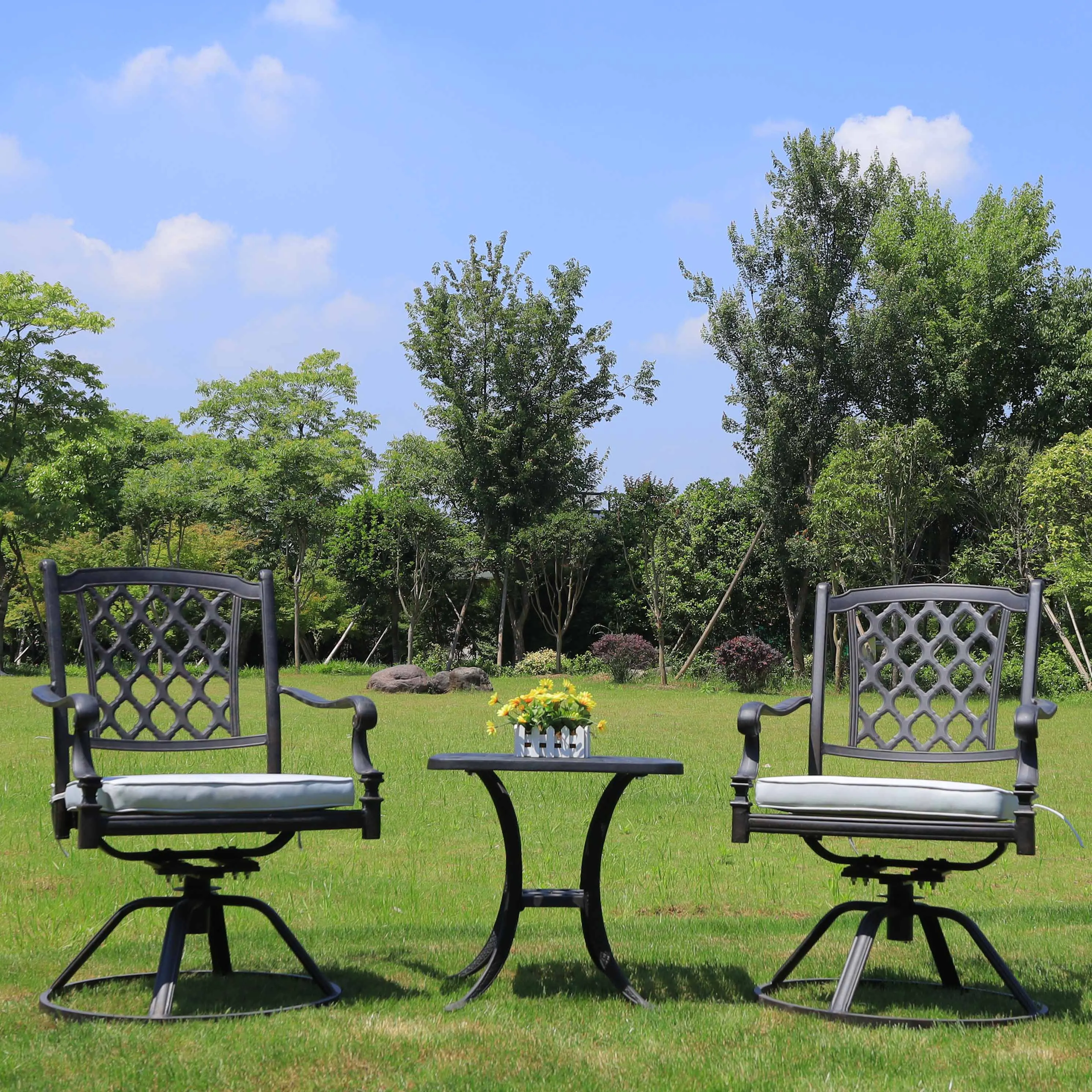 Cast aluminum patio furniture  swivel chair with pillow cushion in outdoor garden