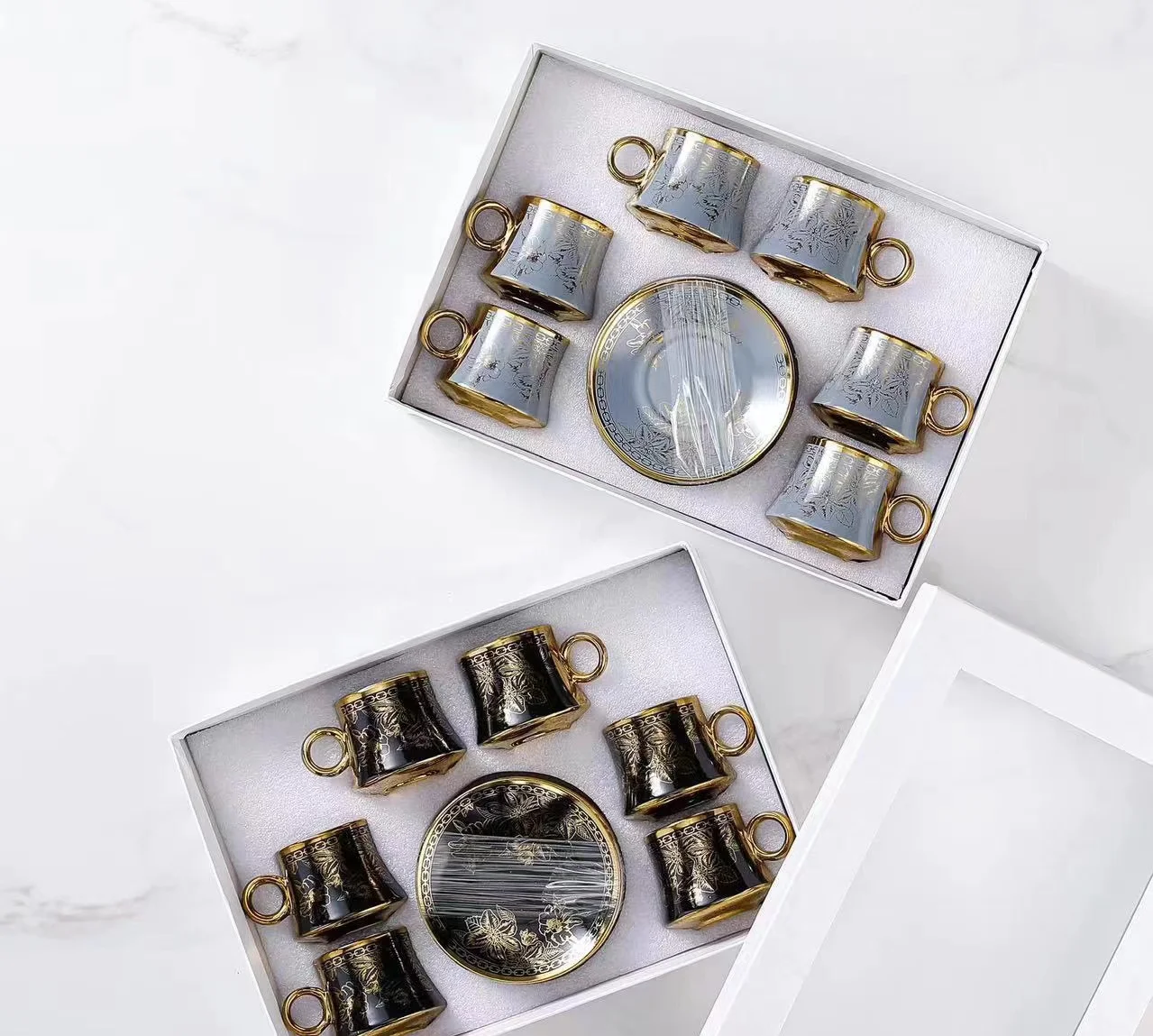 Custom Middle East Turkey Arabic Vintage Gold Plated Porcelain Ceramic Coffee Tea Cup And Saucers Set Of 12