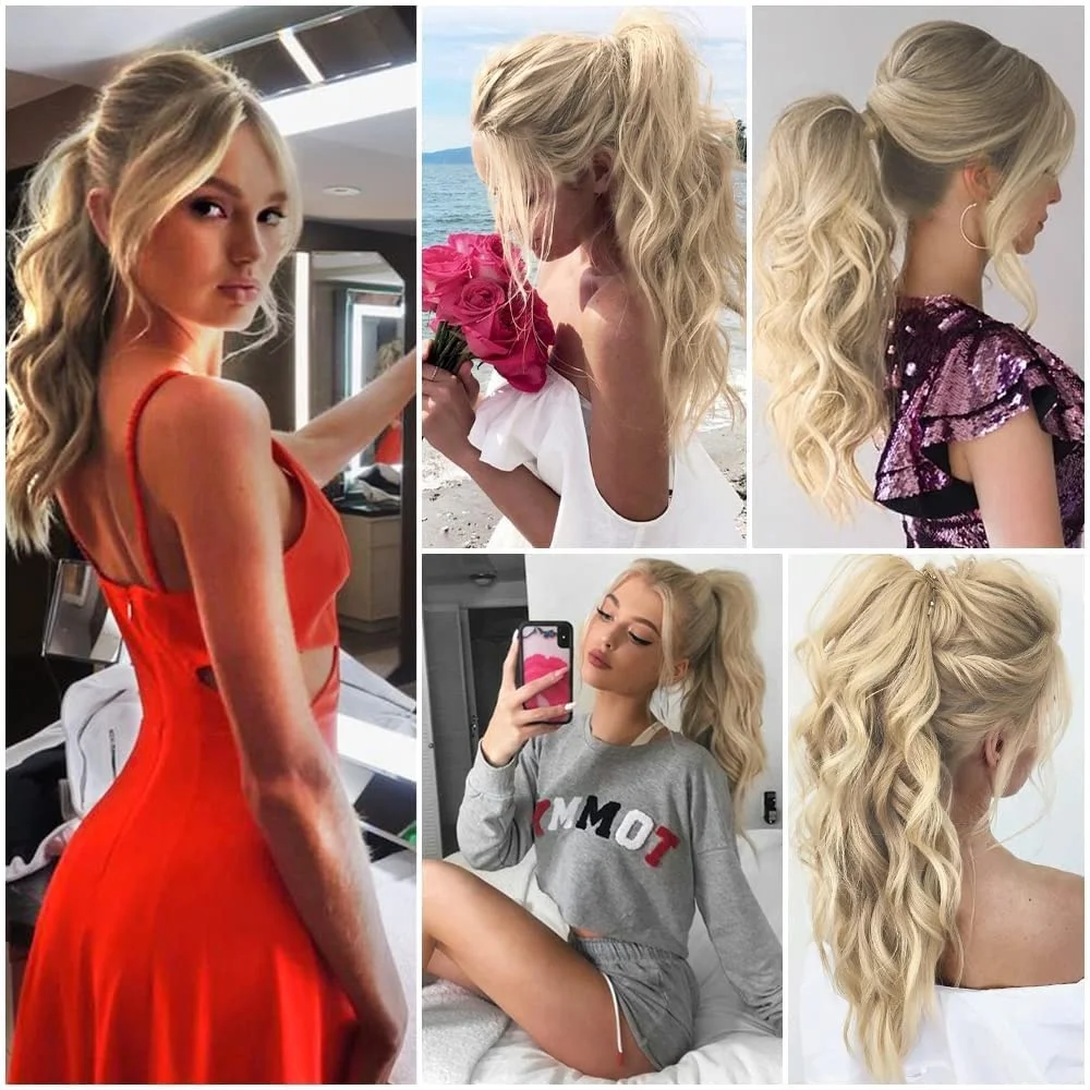 Honey Blonde Ponytail Extension Long Curly Wavy Wrap Around Synthetic Clip in Hair Extension for White Black Women Party Daily U