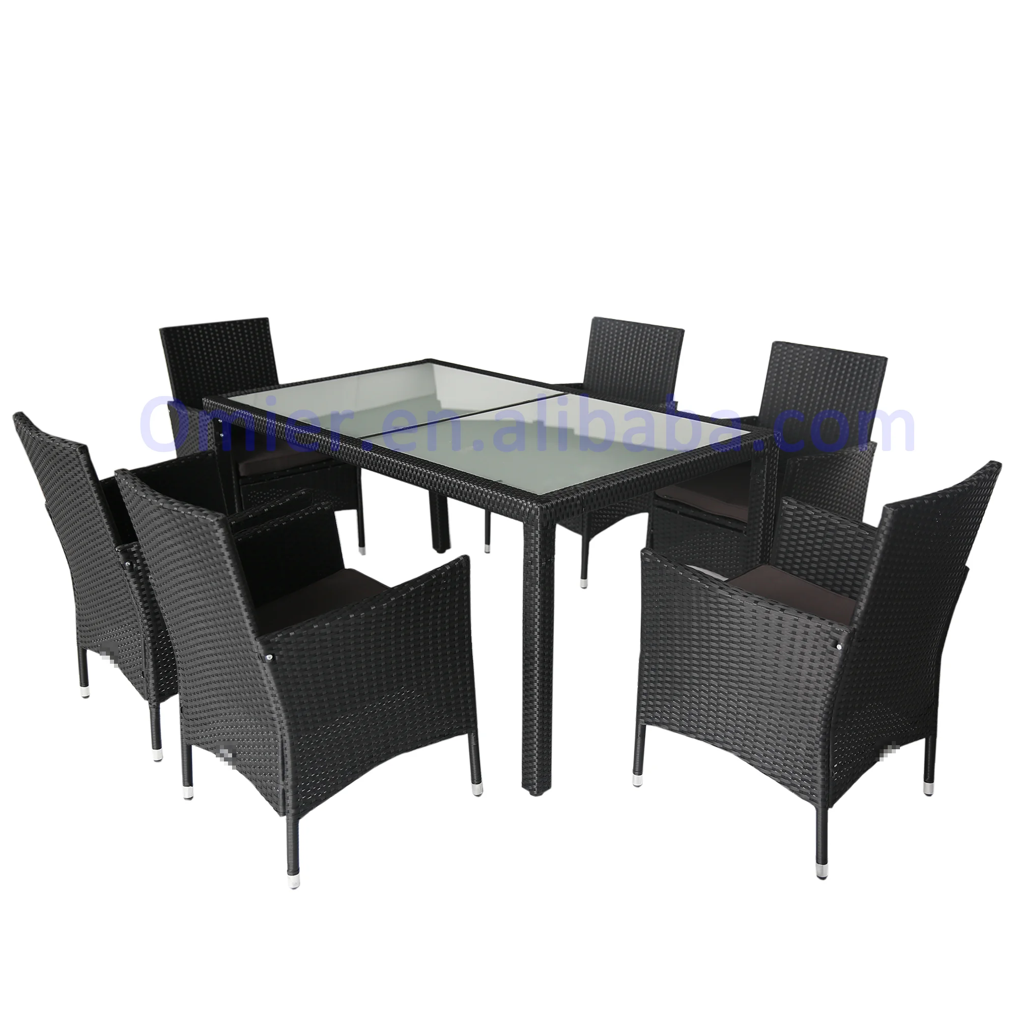 
7PCS KD Patio Wholesale Poly PE Rattan Wicker Complete Garden Outdoor Indoor Dining Table With Glass and Chairs Sets 