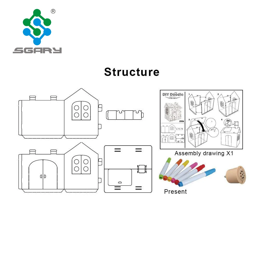 custom colorful doodle painting corrugated paper indoor house cardboard play house with markers