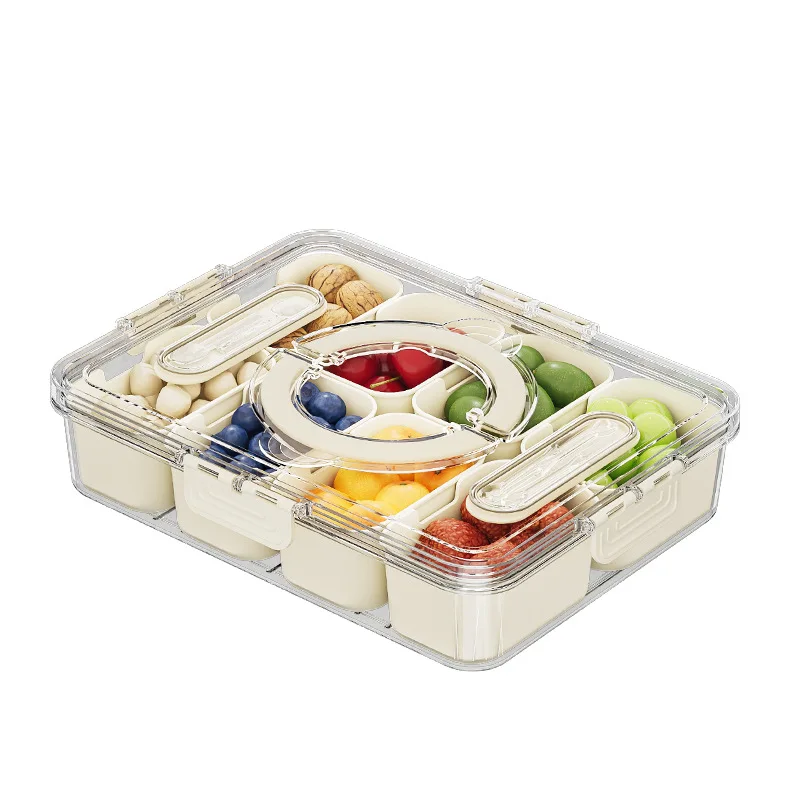 Upgraded Portable Fruits Snack Storage Box Refrigerator Fresh Food Grade Sealed Box 8-Compartment Serving Tray with fork spoon