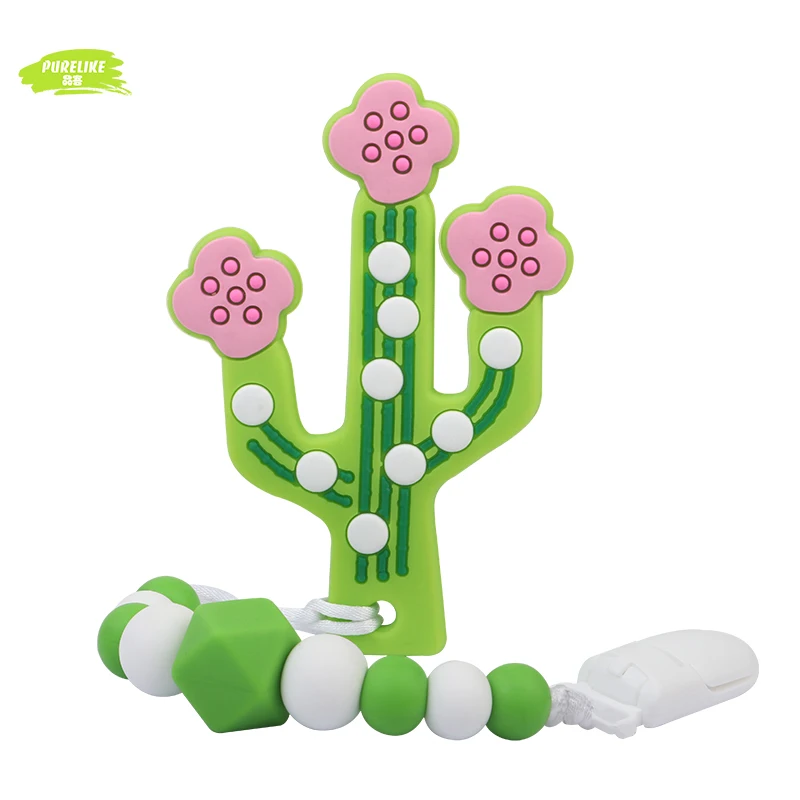 Food Grade Silicone Material Fun Sensory Motor Aids Risk Free Trial Cactus Flower Teether with pacifier clip