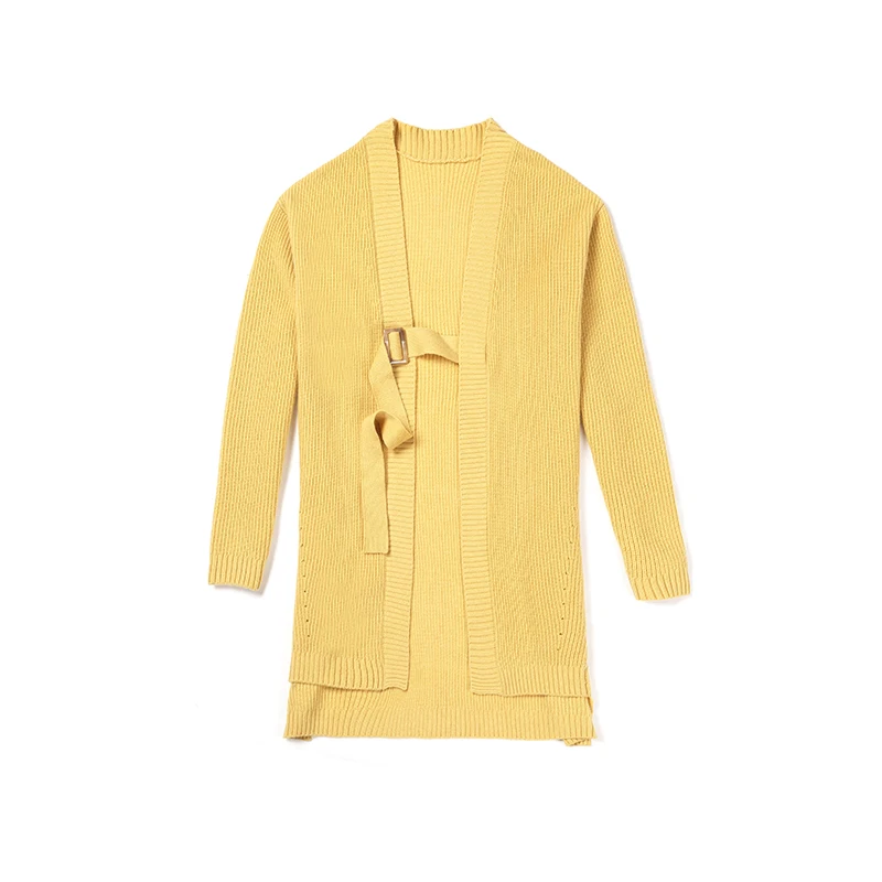 Hot selling ladies fashion long lace up cardigan yellow