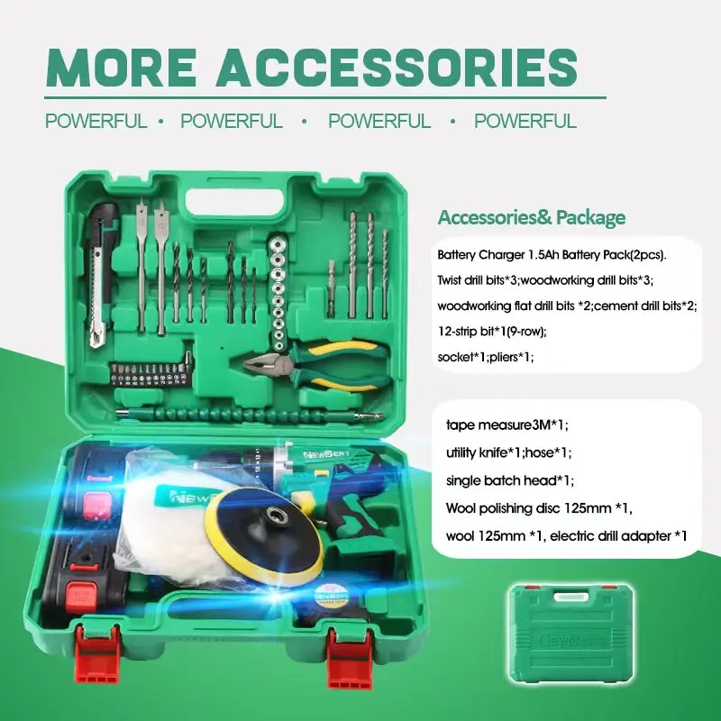 NewBeat Battery Power Drills Hand Tool Box Combo Kit  Portable Electric Cordless Impact Drilling Machines