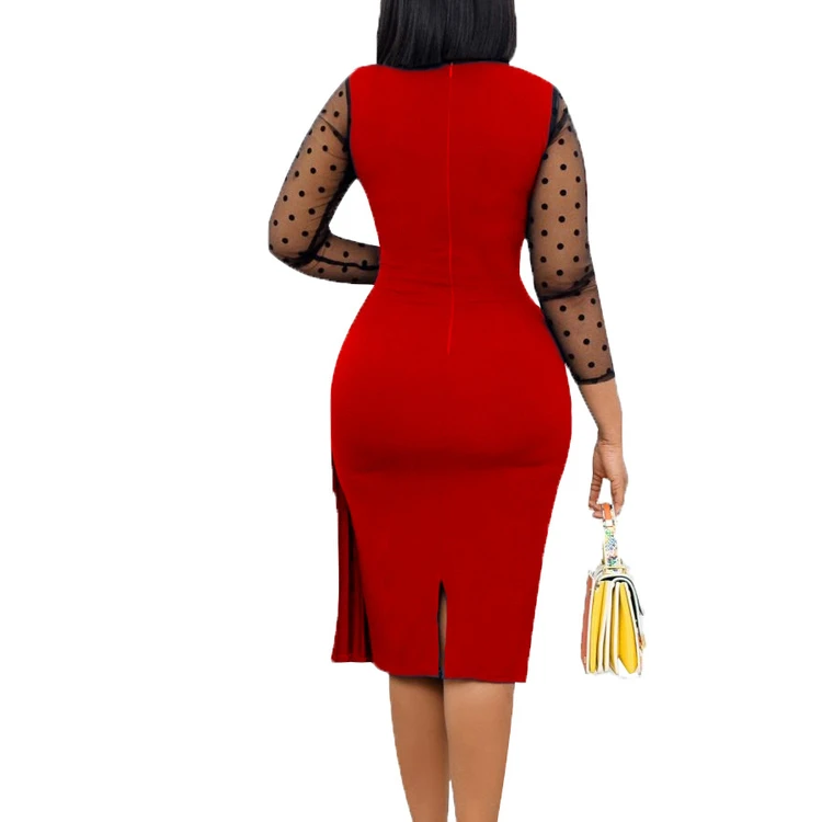 Amazon fashion mesh long sleeve dot printed stitching slim slit half pleated dress African plus size office lady formal dress