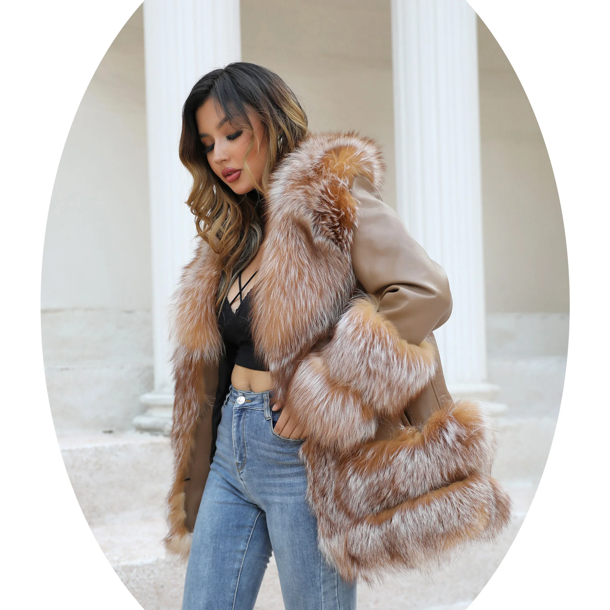 Wholesale real fox collar jacket women genuine sheepskin jacket winter luxury fox fur coat