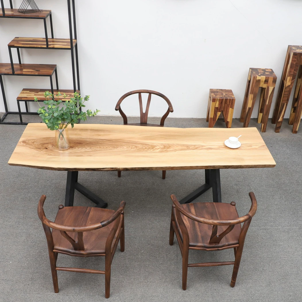 Antique Home Use Solid Hardwood Wooden Furniture Ash Slab Dining Table With Metal Base