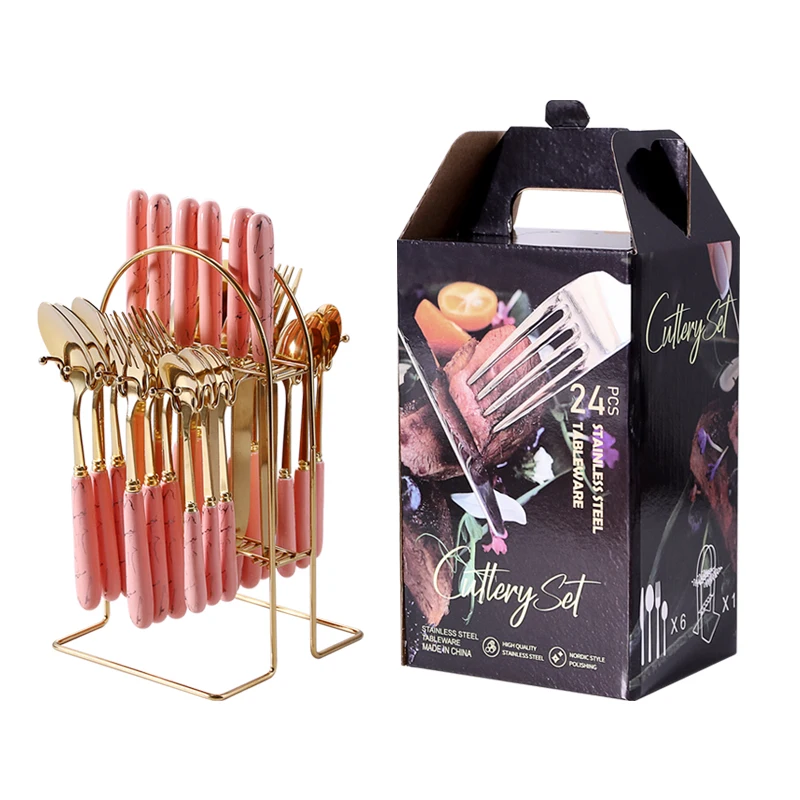 24 Pieces Cutlery Wedding Spoon And Fork Gold Elegant Silverware Stainless Steel Ceramic Handle Cutlery Set