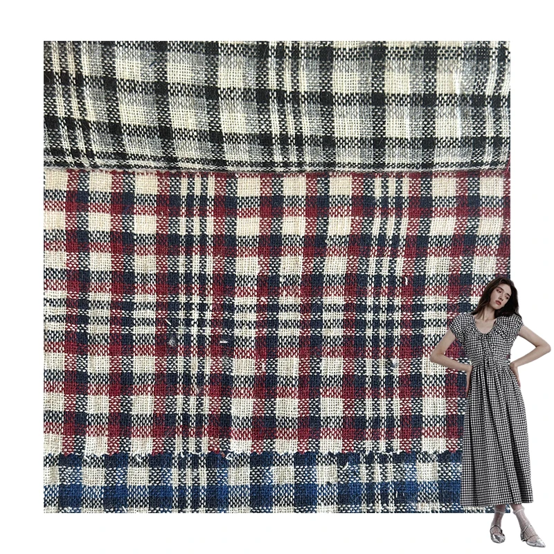30% linen 55% cotton 15% polyester Breathable beautiful ramie cotton yarn-dyed check fabric for clothing production