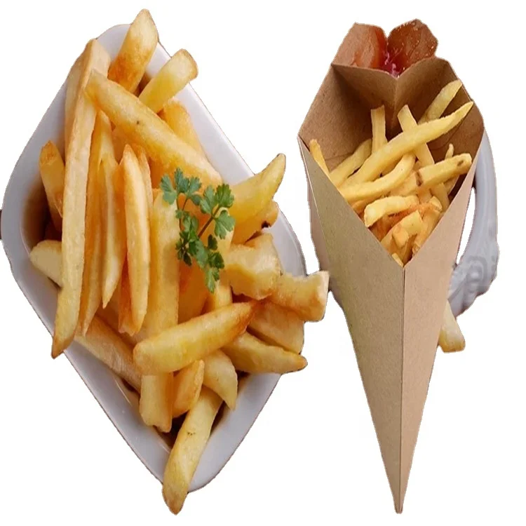 Disposable Kraft French Fries Food Paper Cone Customized Take Away Crepe Cone Holder, Food Paper Cones,Bubble Waffle Paper Cone