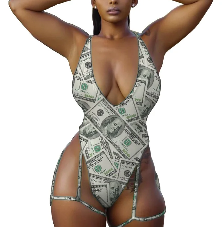 
STOCK USD Dollar Print Plus Size Swimsuit V-NECK Plunge Sexi Lady One Piece 3XL Swimwear 