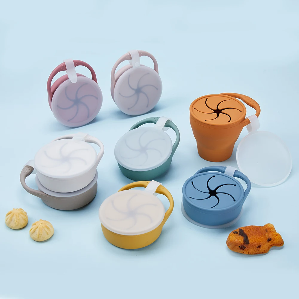 Two Handles Spill Proof Toddler Kids Baby Snack Storage Pot Silicone Baby Snack Container Cup with Lid