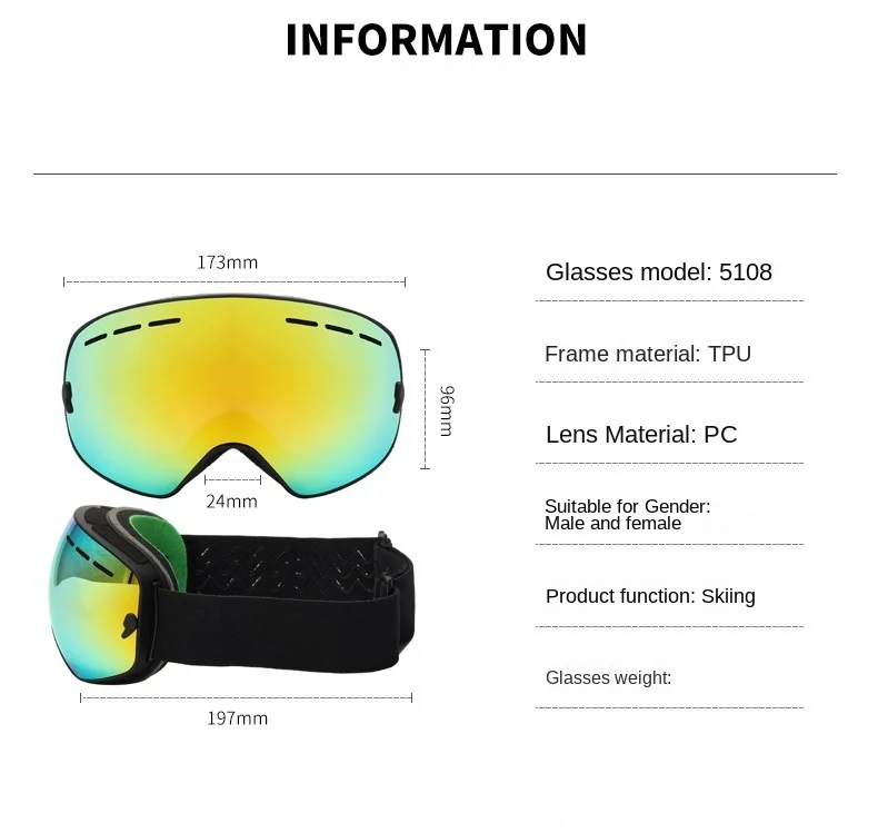 TPU Clear Double lens ski glasses Anti-fog UV outdoor snowboarding Snow ski goggles Winter Sports Glasses Skiing Goggle