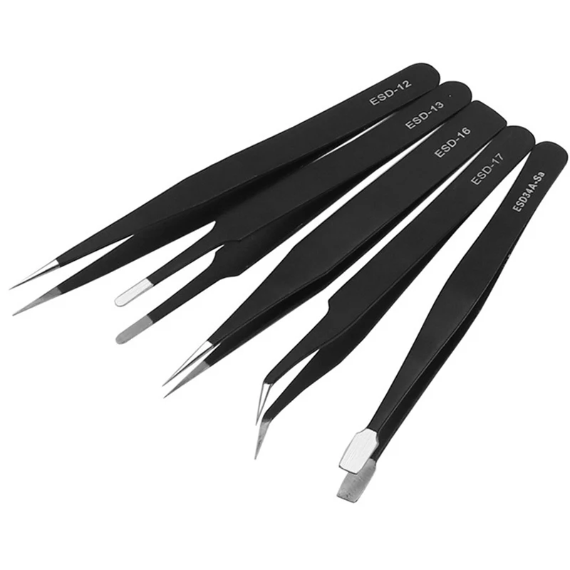 Upgraded Anti-static ESD Stainless Steel Tweezers Maintenance Tools Industrial Precision Curved Straight Tweezers Repair Tools