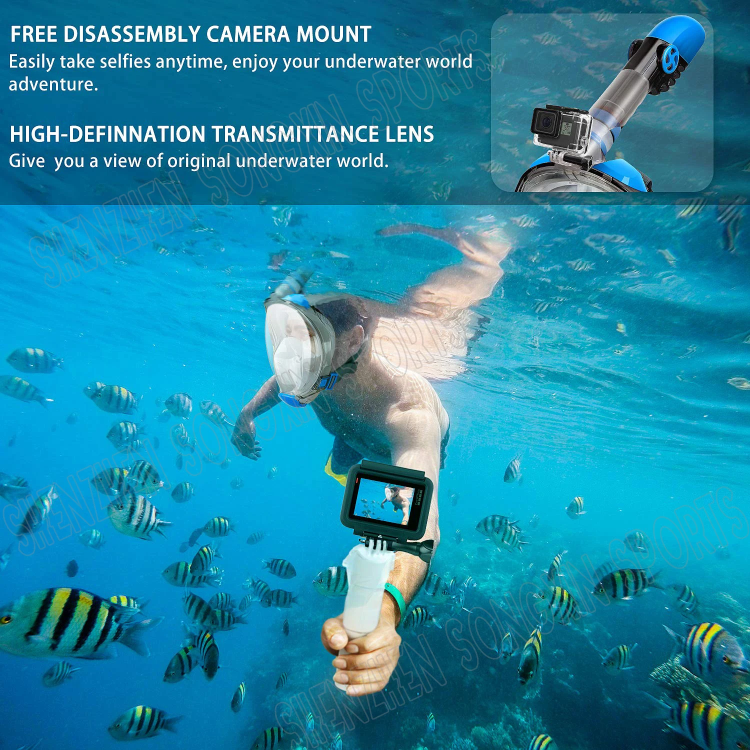 2021 Full Face Snorkel Mask 180 Degre Adjustable Head Straps Diving Equipment With Go Pro Mount
