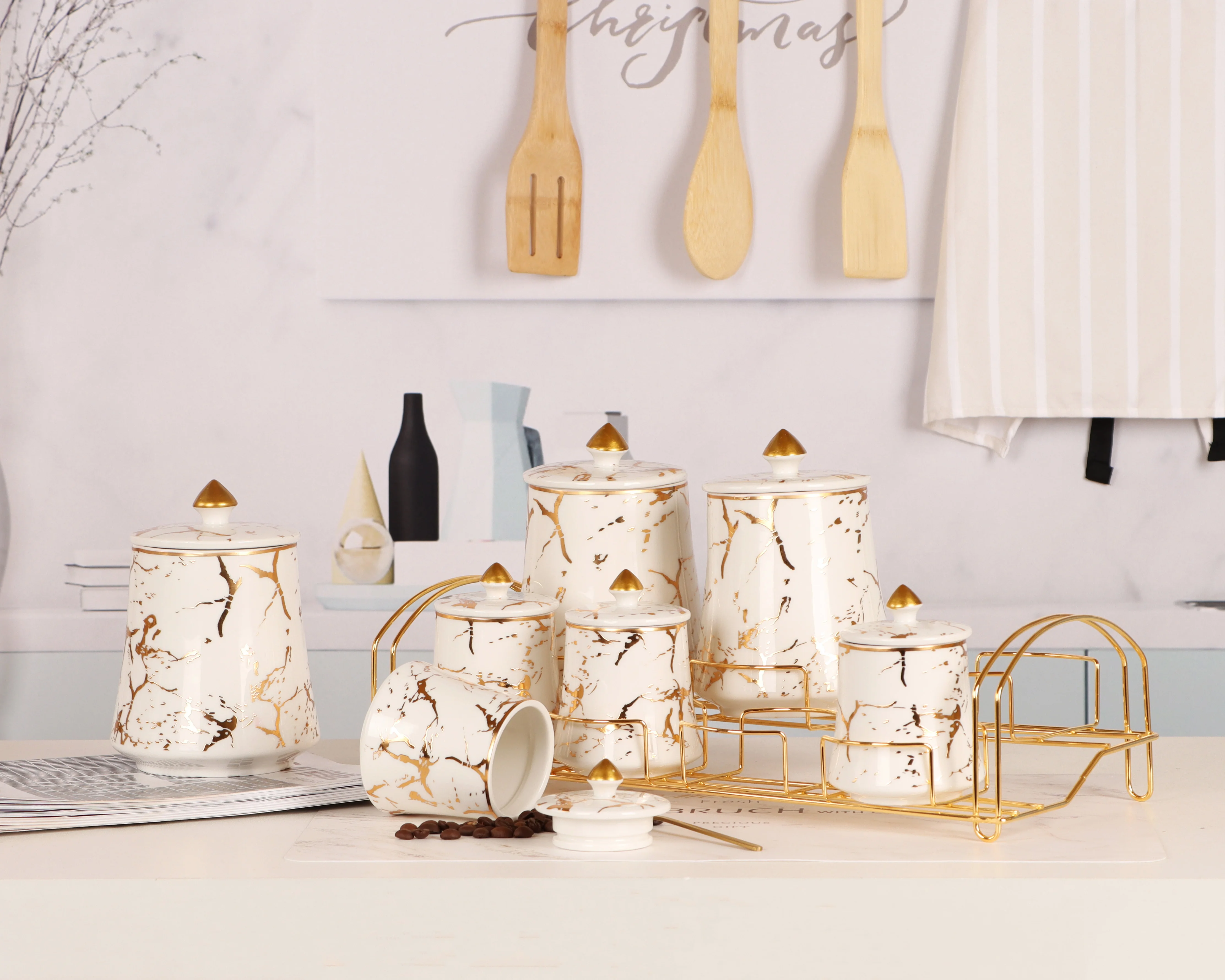 high end ceramic gold rim canister for tea coffee sugar, food storage ceramic jars