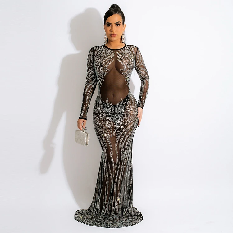 New arrival Elegant luxury stripe crystal long sleeve decor dress tulle see-through prom maxi dress without underwear for sale