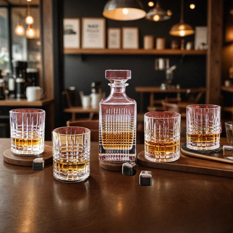 Modern simplicity  Hot sale Round whiskey glass Square whiskey bottle set Laser engrave Whisky glass decanter gift box set