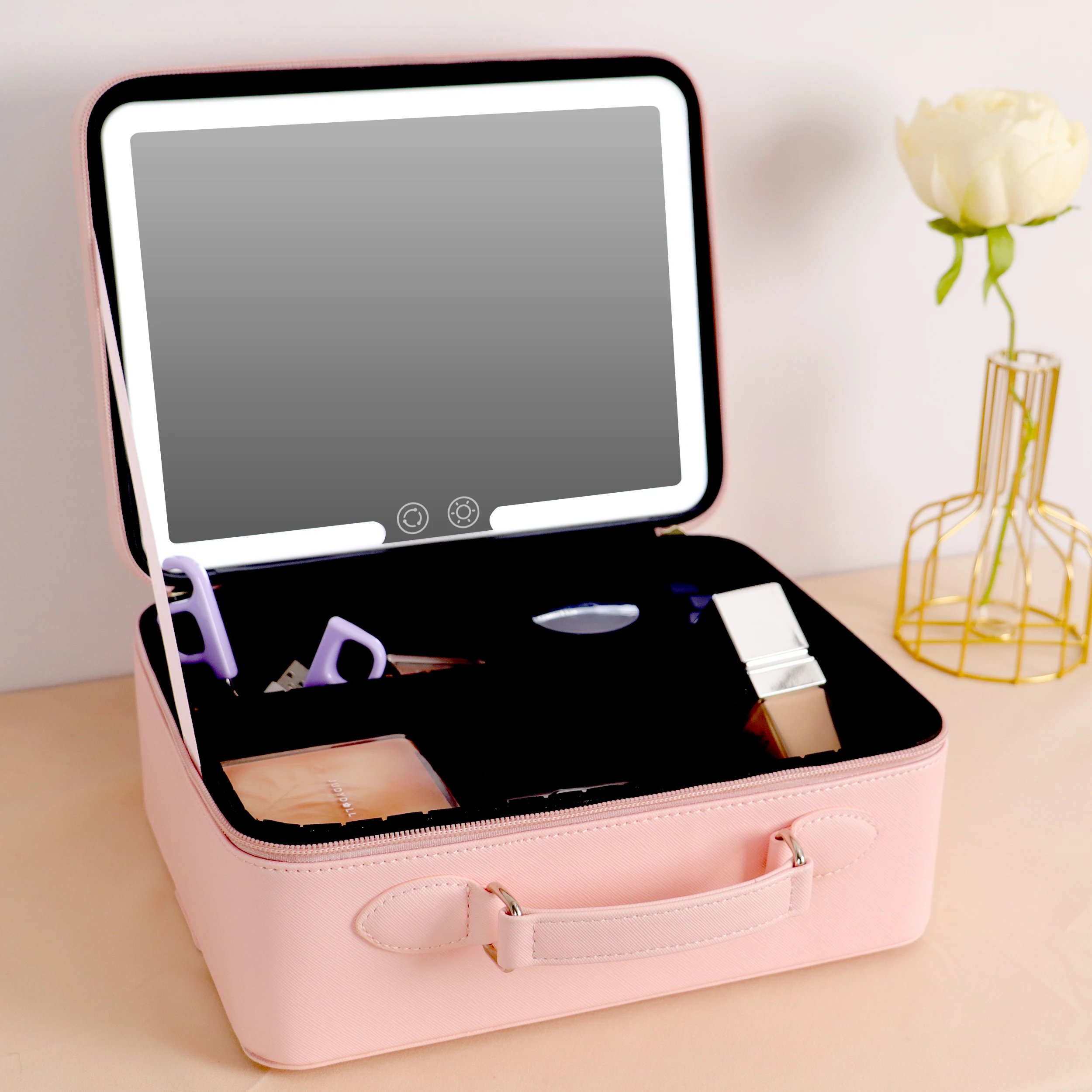 3 Color Lighting Lighted Storage Box Manufacturers Make Up Cosmetic Travel Vanity Makeup Bag With Led Light Mirror Case