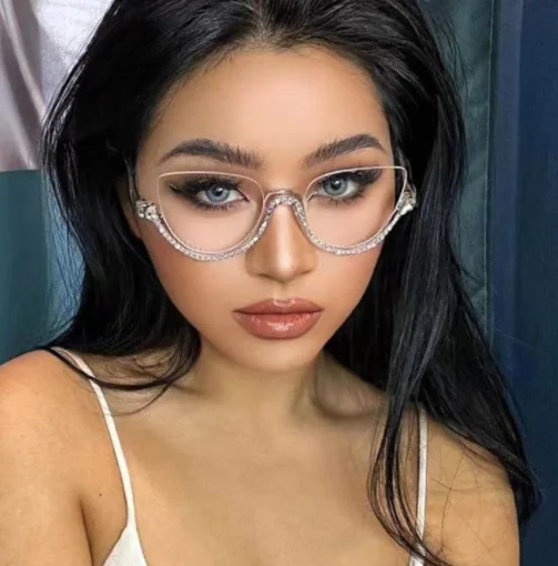fashion PC cateye diamond woman blue light blocked shinny half rim optical glasses eyeglasses frame
