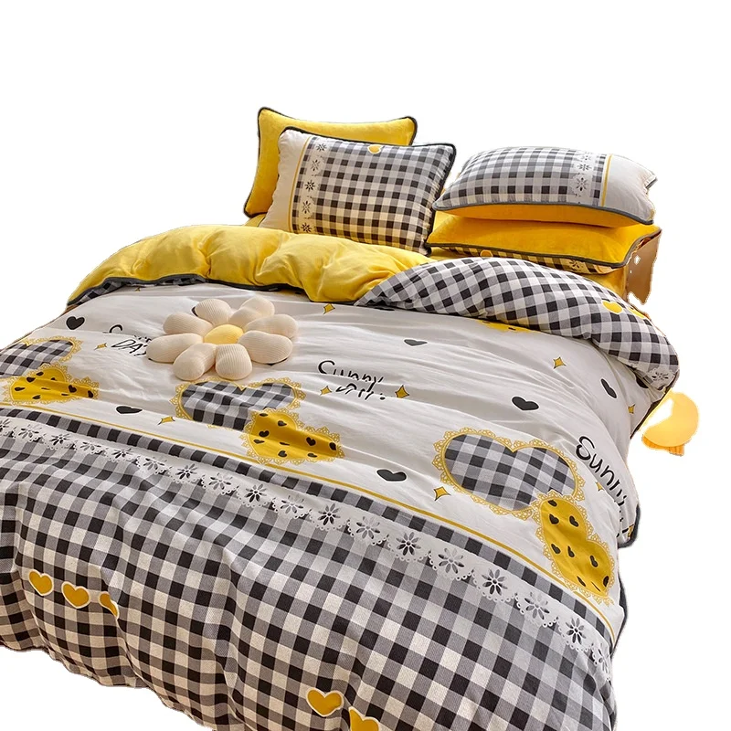 Four-piece suit  cotton bedding set small fresh milk velvet thick warm double bed quilt cover bedspread