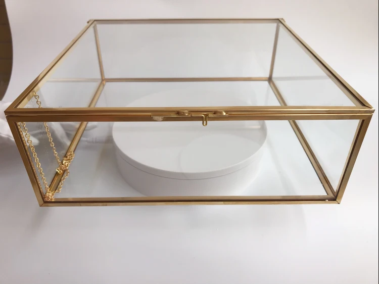 Геометрическая стеклянная коробка для свадебных карт большая ювелирных украшений из розового золота с крышкой и металлической рамкой