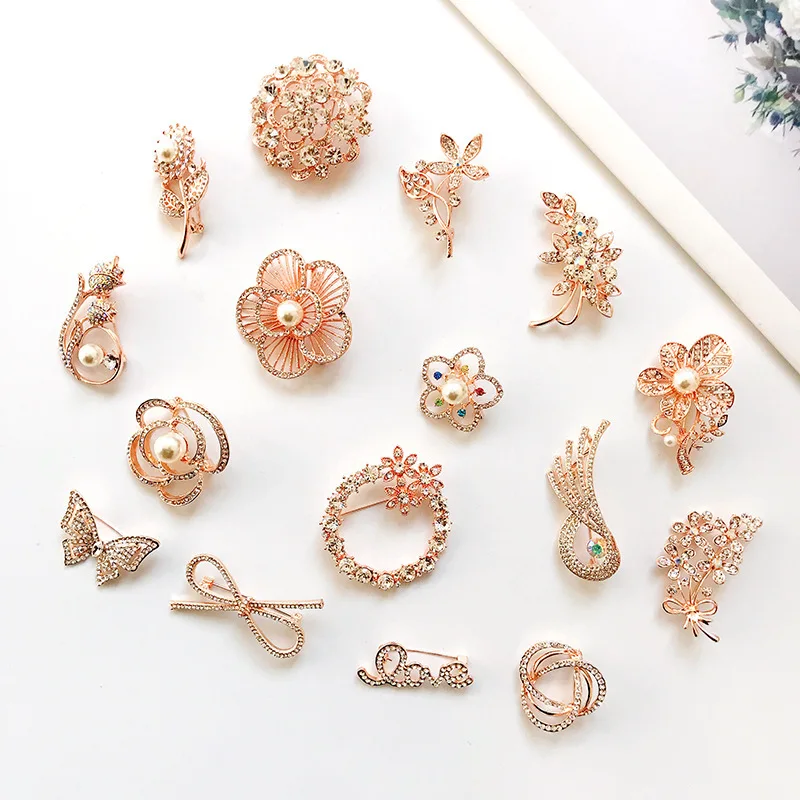 Korean hot style  brooch pin corsage pearl bow zircon flower clothing scarf pin brooch for women girls