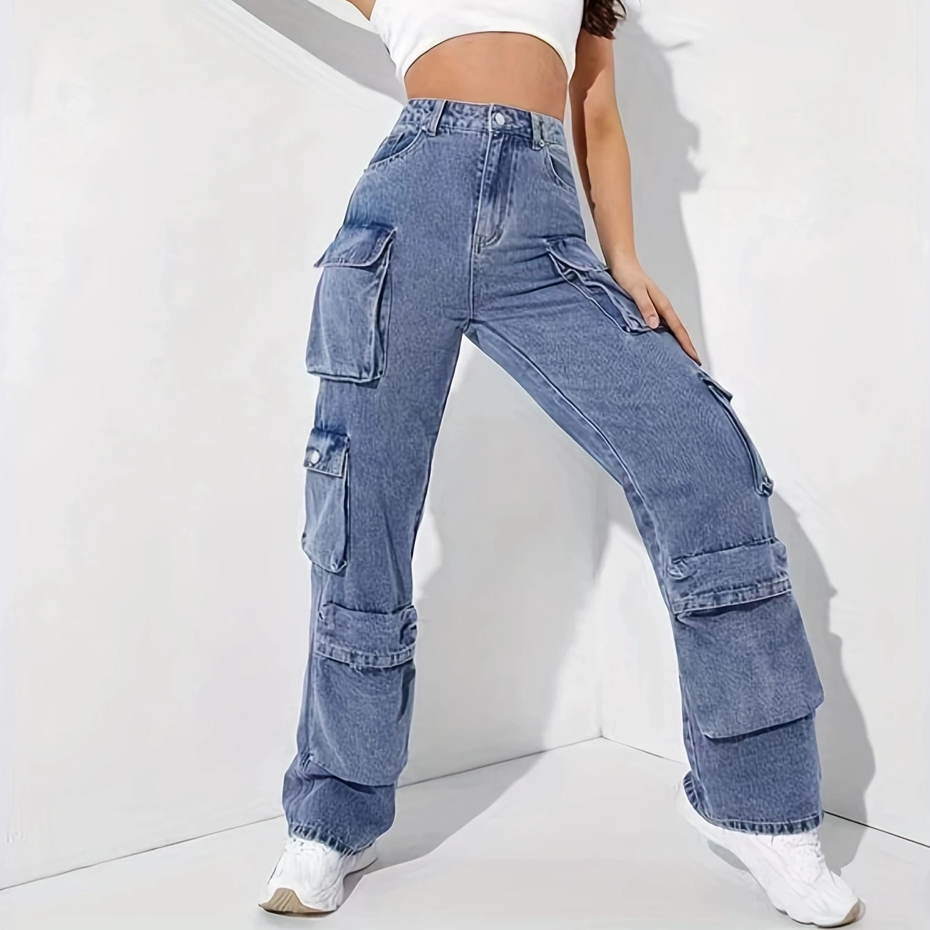 High Waist Baggy Cargo Jeans for Women Flap Pocket Relaxed Fit Straight Wide Leg Y2K Fashion Jeans
