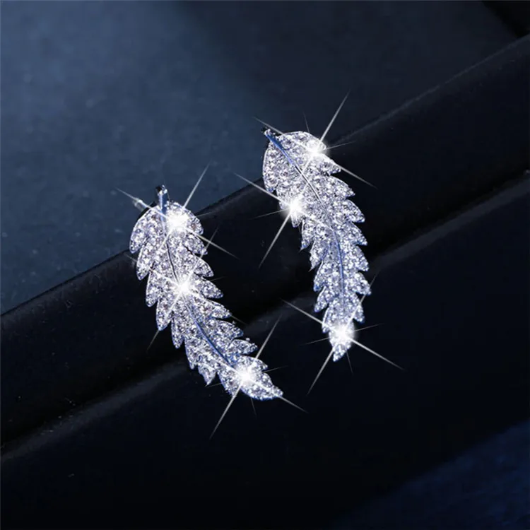 Trendy CZ Crystal Leaf Feather Earrings Ear Climber Stud Earrings For Women Everyday Jewelry Ear Cuff Piercing Bronics