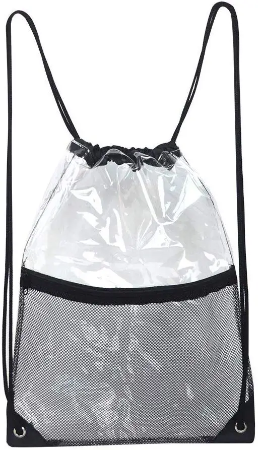 Drawstring Bag Front Zipper Mesh Pocket Travel Schoolbag PVC Drawstring Backpack