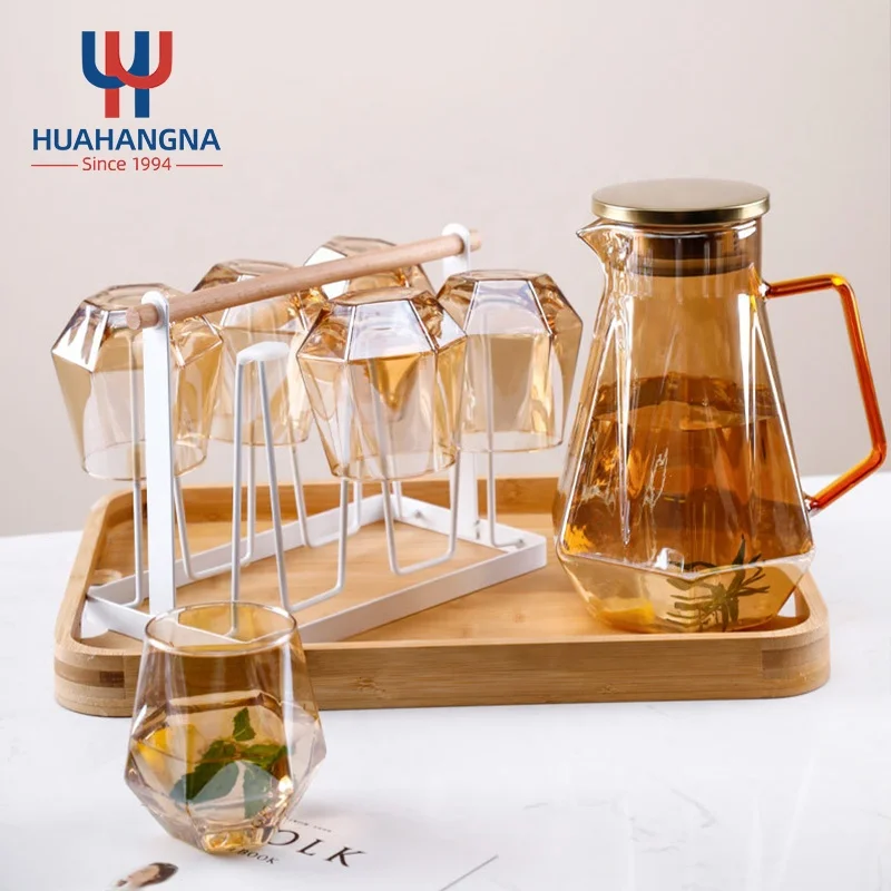 Luxury Household Gold Heat Resistant Ice Beverage Beer Water Glass Jug with 4 Cups with Handle Set in Gift Box