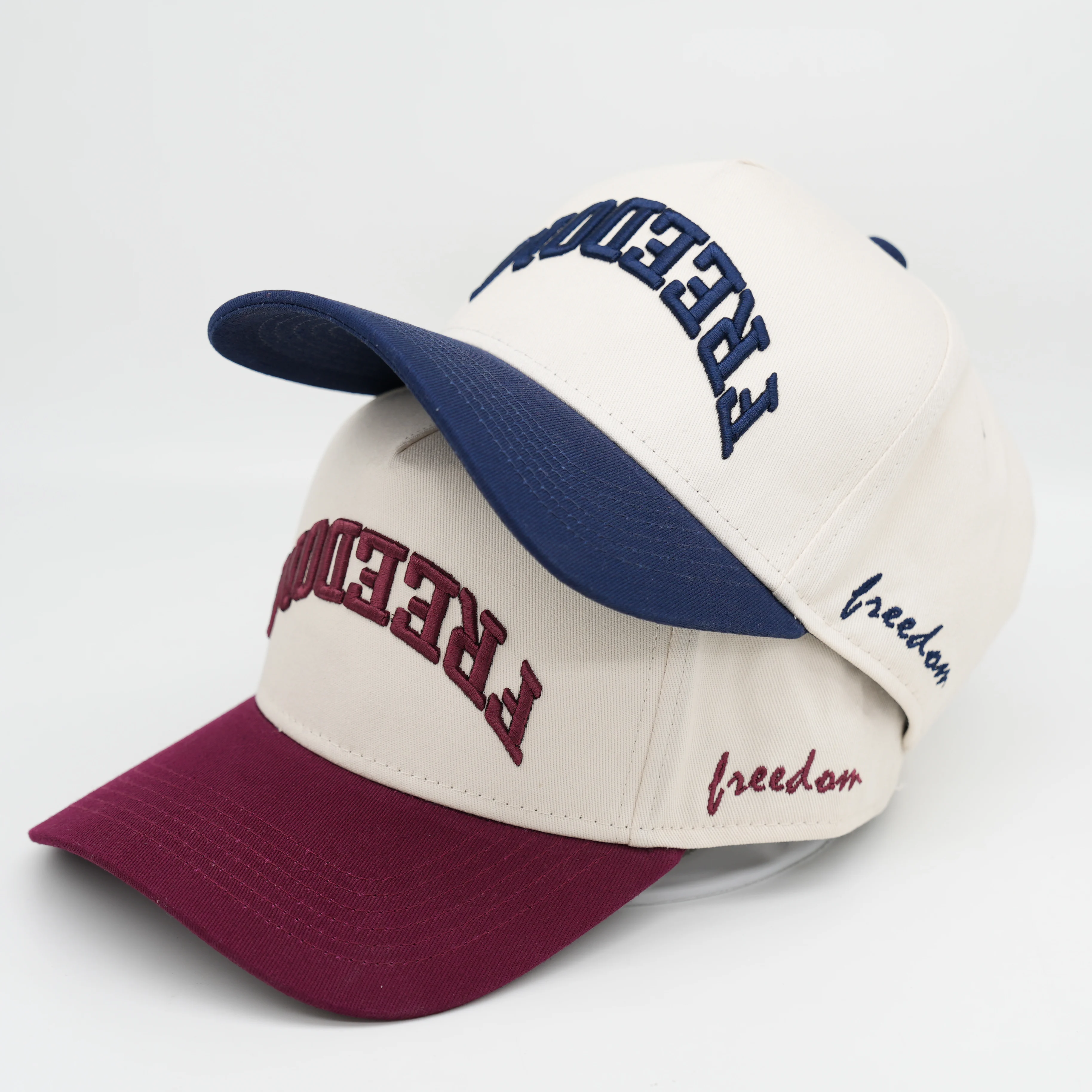 Oem Custom High Quality 5 Panel A Frame 3d Embroidery Logo Navy Beige Color Two Tone Baseball Cap Snapback Hat For Man